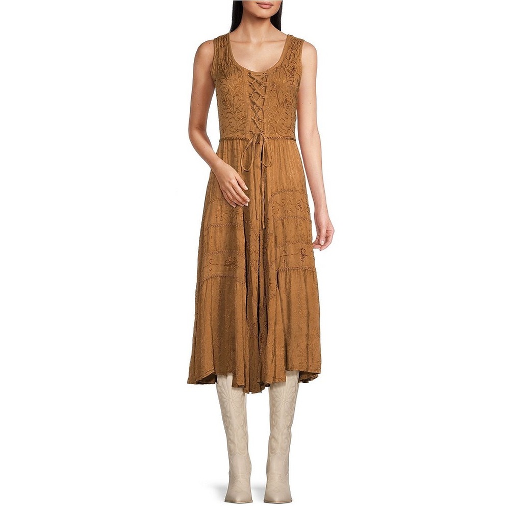 Sleeveless Lace-Up Embroidered Floral Jacquard Tie Waist Midi Dress
